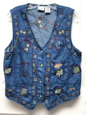 Bobbie Brooks Vest Embroidered Denim 100% Cotton Jean Leaves Women’s Size M